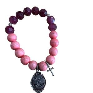 Inspirational‎ Let Your Light Shine Cross Charm Beaded Stretch Bracelet Pink